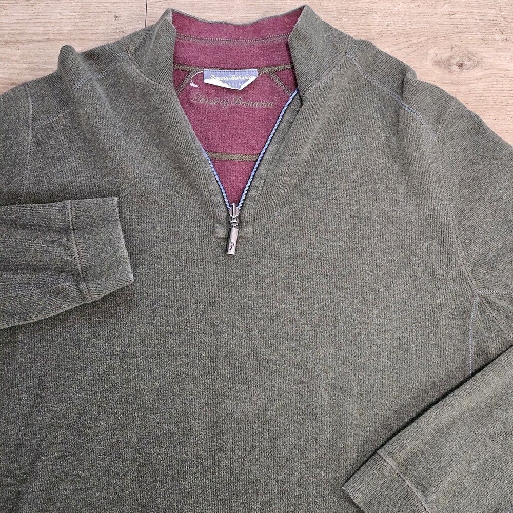Tommy Bahama Sweater Men L Green Pullover Quarter Zip Reversible Sweatshirt